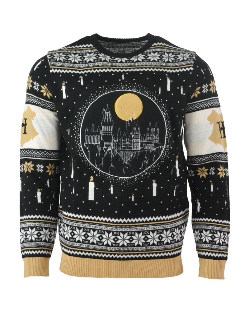 Black harry potter christmas sweater with Hogwarts castle print on the chest