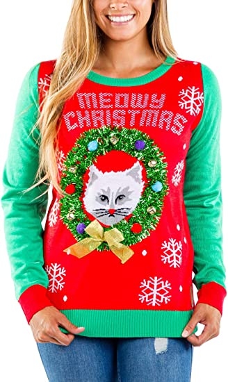 Tipsy Elves Funny Cat Ugly Christmas Sweater for Women and Crazy Cat Ladies Funny Feline Holiday Pullovers